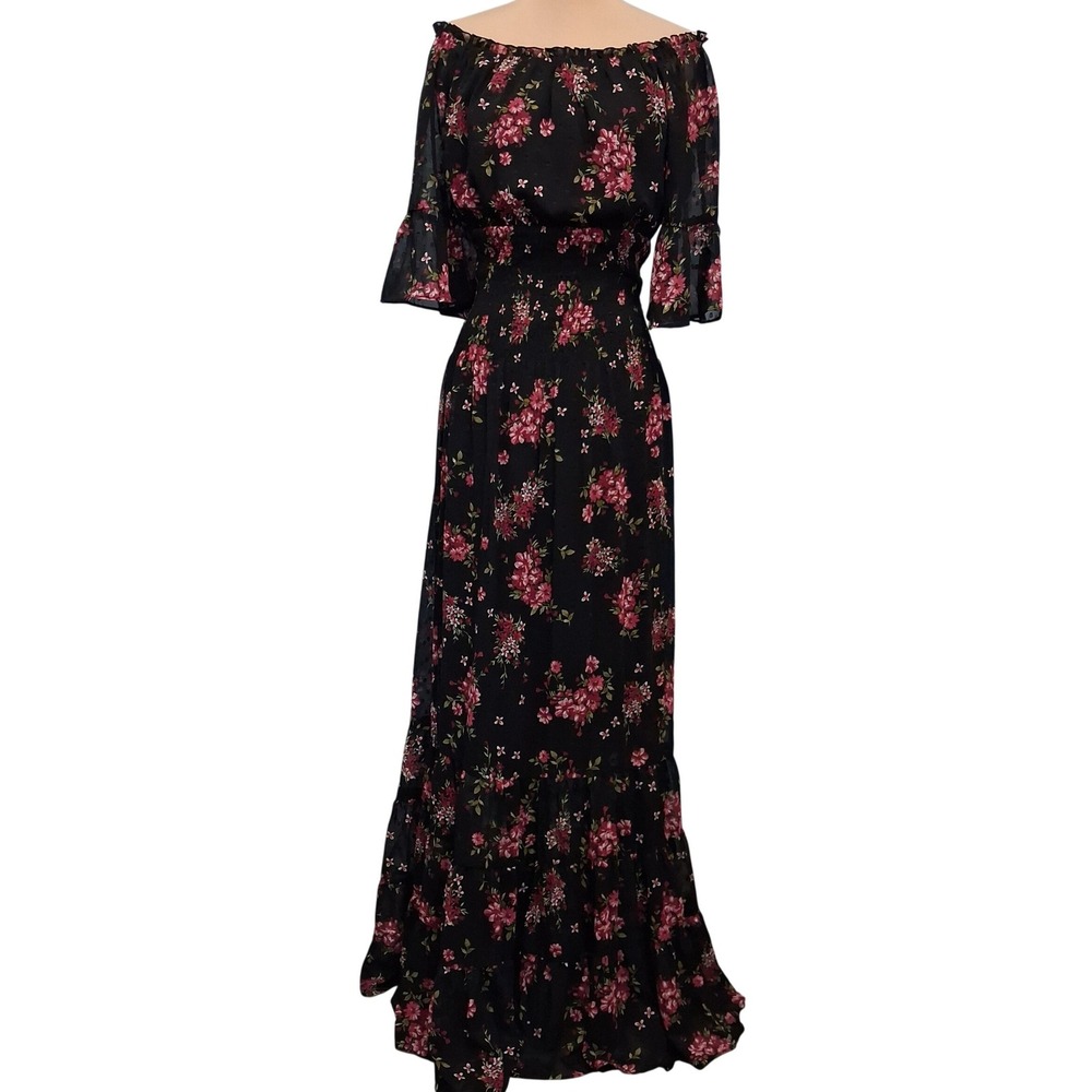 Premier Amour Black Floral Smocked Off Shoulder Maxi Dress  SZ 6 Tiered Romantic